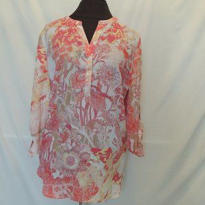 Chico's Sz 1 Button Down Shirt Floral Print Peach Pink Roll Tab Sleeves